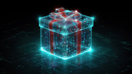 Stunning digital representation of a glowing gift box, featuring a sparkling ribbon. Perfect for celebrating holidays, surprises, and festive occasions.の素材