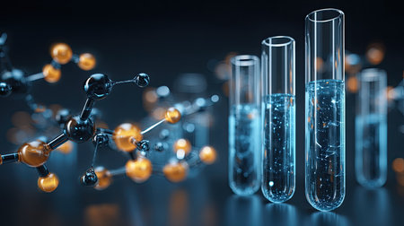 A captivating image of laboratory test tubes filled with clear blue liquid, surrounded by molecular structures. Perfect for scientific and educational themes.の素材