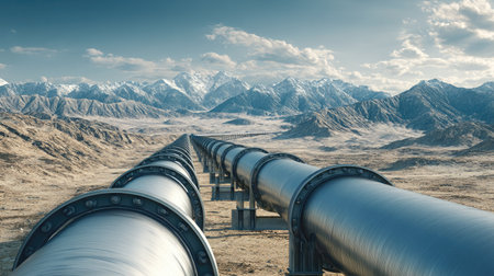 A vast industrial pipeline stretches toward the mountains under a bright blue sky, showcasing the blend of nature and human engineering in an expansive landscape.の素材