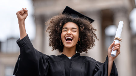 A joyful young woman celebrates her graduation outdoors, wearing a cap and gown, proudly holding her diploma, exuding happiness and confidence in her achievement.の素材