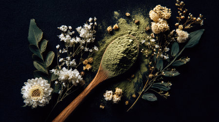A captivating flat lay featuring a wooden spoon filled with vibrant green powder, elegantly surrounded by fresh white flowers and dried herbs, showcasing nature's beauty.の素材
