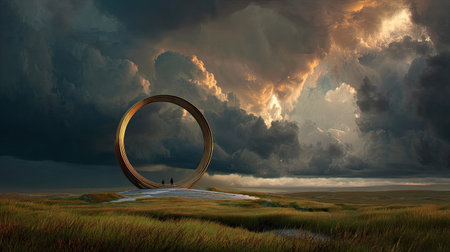 Captivating landscape featuring a golden ring structure beneath dramatic storm clouds. This artistic scene evokes mystery and tranquility in nature's beauty.の素材