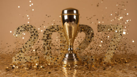 A stunning golden trophy stands beside sparkling numbers 2027, surrounded by glitter and confetti, representing success, celebration, and new beginnings.の素材
