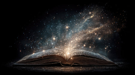 An enchanting open book releases a cosmic display of stars and galaxies, symbolizing creativity and the magic of storytelling. Ideal for fantasy themes.の素材