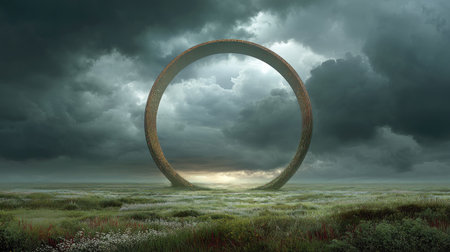 A breathtaking surreal landscape featuring a giant circular structure rising amidst a field, surrounded by dramatic clouds and soft light. Ideal for evoking introspection.の素材