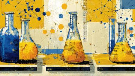 Vibrant abstract illustration featuring glass beakers filled with colorful liquids. The design incorporates scientific elements, textures, and bold colors, suitable for educational use.の素材