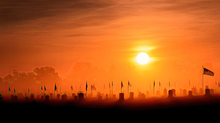 A serene sunset casts an orange glow over a cemetery. Silhouetted headstones and flags create a peaceful and reflective atmosphere, honoring the past.の素材
