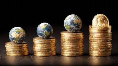 This image depicts the growth of the global economy through stacked coins alongside Earth globes, symbolizing financial success and resource management.の素材
