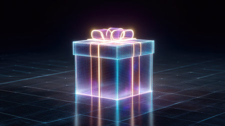 A stunning futuristic neon gift box featuring glowing ribbons and digital effects, perfect for conveying themes of celebration, joy, and modern technology.の素材