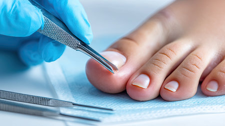 An expert performing foot care with precision instruments, focusing on clean toenails and hygiene. Ideal for health and beauty related content, showcasing self-care.の素材
