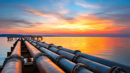 A stunning view of industrial pipes stretching over tranquil waters at sunset. The vibrant colors of the sky reflect on the calm water, creating a peaceful atmosphere.の素材