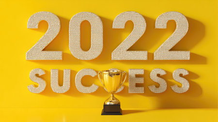 A vibrant yellow backdrop features a golden trophy and decorative letters spelling 2022 success, symbolizing achievement and motivation for the new year.の素材