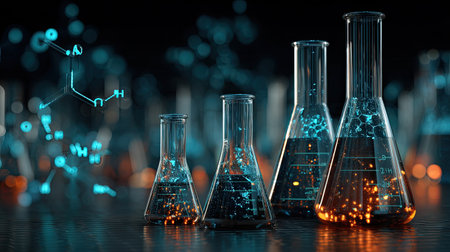 Colorful laboratory glassware filled with liquids, featuring chemical symbols and glowing bubbles. Ideal for science and research-focused projects or educational materials.の素材