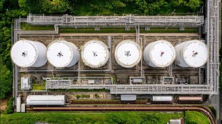This aerial image captures a series of large industrial storage tanks interconnected by a network of pipes, set against a backdrop of lush greenery.の素材