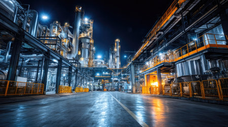 A nighttime view of an expansive industrial complex showcasing illuminated machinery and structures. The scene emphasizes the scale and complexity of modern manufacturing.の素材