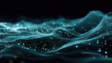 This stunning abstract image showcases glowing digital waves, enhanced with luminous particles. The fluid movement and vibrant colors create an engaging visual experience.の素材