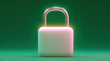 A modern padlock with glowing elements stands against a vibrant green background. This image symbolizes security, privacy, and safety in technology and design.の素材