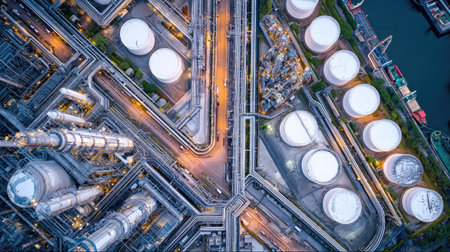 Stunning aerial view showcases an industrial complex featuring numerous storage tanks and interconnected pipelines against a nighttime backdrop, highlighting urban infrastructure.の素材