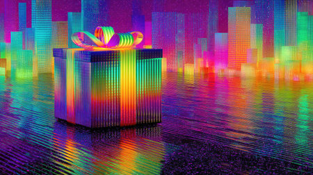 An eye-catching gift box adorned with a colorful ribbon stands against a vibrant abstract background. This design captures celebratory energy and excitement.の素材