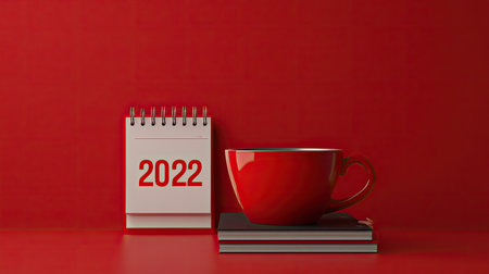 A stylish red cup sits atop stacked notebooks next to a calendar for 2022. The vibrant red background adds warmth to any workspace or home setting.の素材