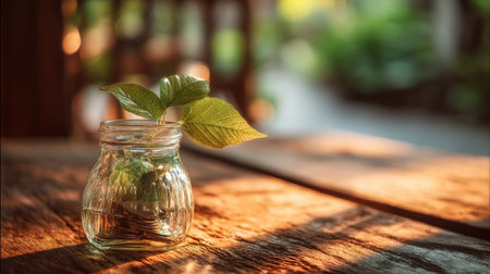 A serene composition featuring fresh green leaves in a glass jar filled with water on a rustic wooden surface, illuminated by soft sunlight. Perfect for nature and home decor themes.の素材