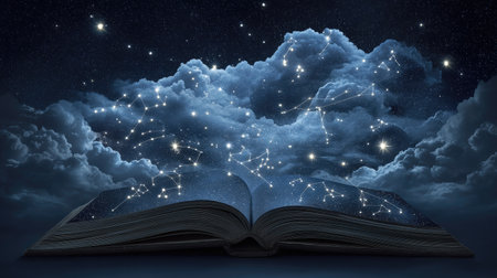 An enchanting image of an open book revealing stars and constellations amidst clouds, signifying the blend of dreams, knowledge, and the vast universe.の素材