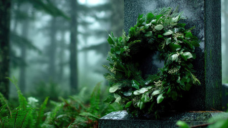 A serene and beautifully arranged green wreath placed on a stone monument in a misty forest. This image evokes feelings of tranquility and remembrance amidst lush greenery.の素材