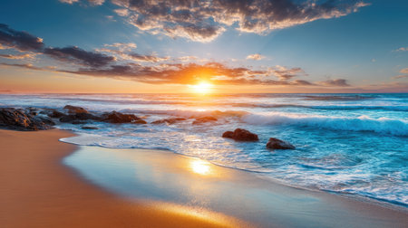 Captivating scene of the sun setting over the ocean, creating a mesmerizing reflection on the sandy beach. A perfect blend of nature and tranquility.の素材