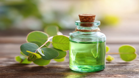 A vibrant green essential oil bottle sits elegantly on a rustic wooden table, surrounded by fresh leaves, symbolizing wellness and relaxation in natural beauty.の素材