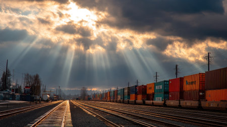A breathtaking scene captures sunlight streaming through clouds over a railway freight yard. Colorful containers line the tracks, creating a striking industrial landscape.の素材