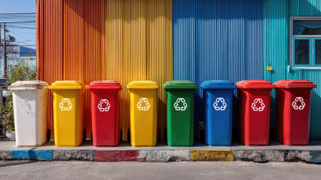 A row of colorful recycling bins stands against a vibrant painted wall in an urban setting. The bins promote waste separation and environmental awareness in the community.の素材