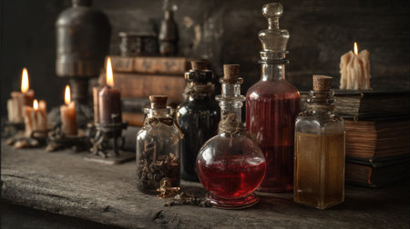 A captivating collection of vintage apothecary bottles filled with colorful liquids, surrounded by flickering candles and old books, creating a mysterious atmosphere.の素材