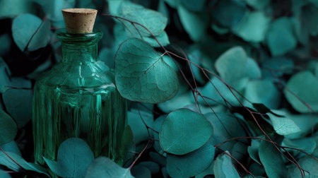 A serene glass bottle with a cork sits among lush eucalyptus leaves, creating a tranquil and elegant atmosphere perfect for wellness and home decor themes.の素材