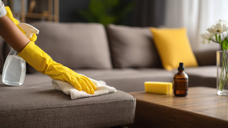 A person wearing yellow gloves is cleaning a sofa with a spray bottle, showcasing a tidy and modern living room environment focused on cleanliness and comfort.の素材