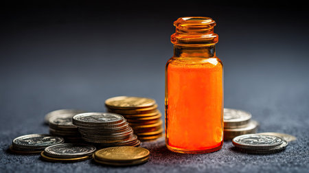 A glass vial filled with bright orange liquid stands next to stacks of coins, capturing the essence of finance and wealth in a striking still life composition.の素材