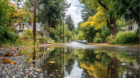 A peaceful neighborhood street captured after rain, showcasing reflections in puddles, vibrant autumn foliage, and a serene atmosphere under a cloudy sky.の素材