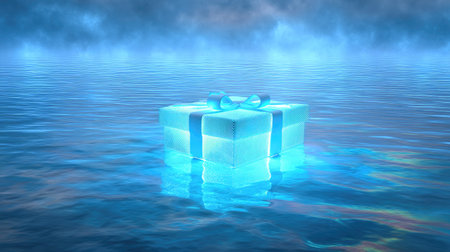 A mesmerizing glowing blue gift box floats serenely on water, creating a dreamlike atmosphere. This enchanting scene evokes mystery and celebration.の素材