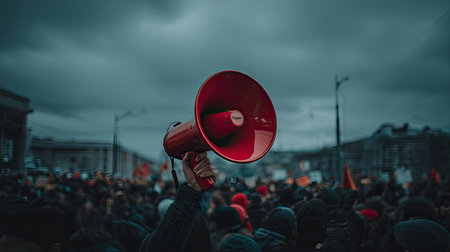 An expressive crowd gathers for a protest, holding a vibrant red megaphone. The overcast sky adds depth to the scene, highlighting the united voices in pursuit of change.の素材