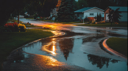 A serene suburban street glistens after rain, showcasing reflections of warm lights and houses under a colorful evening sky. This peaceful scene invites calm.の素材