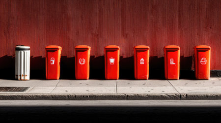 This image showcases a row of vibrant orange trash bins against a striking red wall, illustrating urban waste management in a modern city environment.の素材