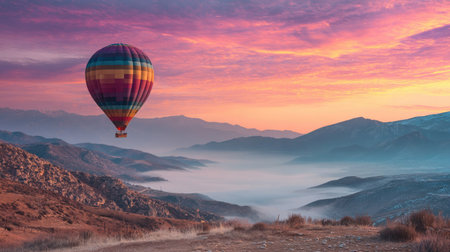 Experience a serene morning as a colorful hot air balloon floats above misty valleys and majestic mountains, capturing the beauty of nature at sunrise.の素材