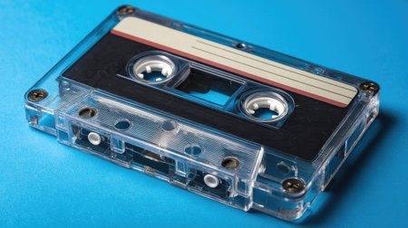 A vintage cassette tape rests on a bright blue background, symbolizing nostalgia and retro themes. This image evokes memories of classic audio technology and old-school music culture.の素材