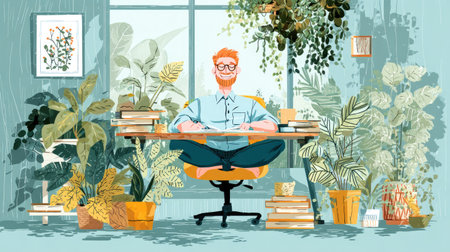 A vibrant illustration of a man in a cozy workspace filled with plants and books, capturing the essence of creativity and tranquility in a modern home setting.の素材