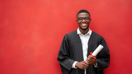 A young graduate smiles broadly while holding his diploma. He stands against a vibrant red background, embodying joy and success. Captured in a formal outfit, this image reflects achievement and celebration.の素材