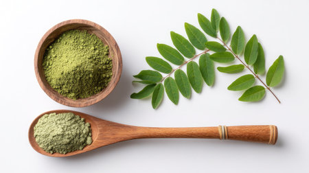 Image features a bowl of vibrant green herbal powder alongside a wooden spoon and fresh leaves. Ideal for health and wellness themes.の素材