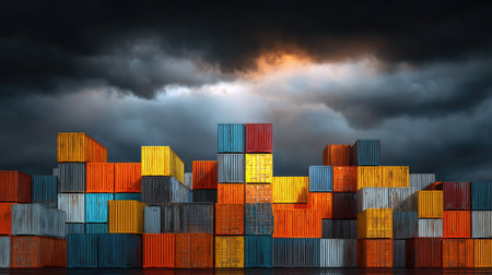 A striking landscape featuring brightly colored shipping containers stacked high against a dramatic cloudy sky. This image captures the essence of logistics and trade.の素材