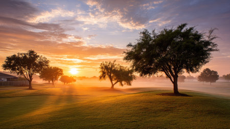A breathtaking sunrise illuminates a mist-covered golf course, featuring majestic trees. The serene atmosphere invites relaxation and a connection with nature.の素材