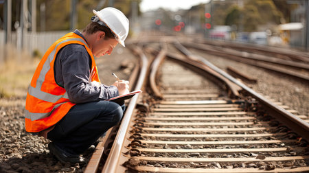 A railway worker in a safety vest and hard hat inspects the railway tracks while taking notes. The scene captures a commitment to safety and maintenance.の素材
