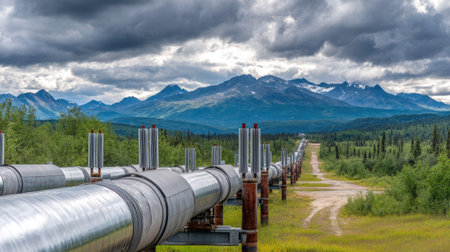 A stunning view of a pipeline stretching through lush green terrain, with majestic mountains and a dramatic sky, showcasing the beauty of nature and engineering.の素材