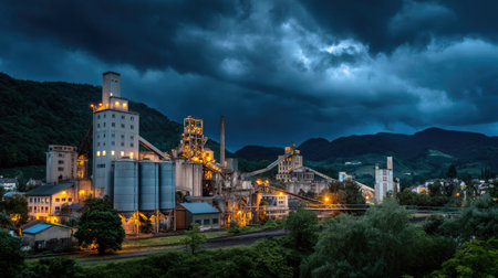 A striking industrial facility illuminated against a dramatic sky, showcasing the fusion of technology and nature. Mountains provide a stunning backdrop to this scene.の素材